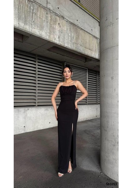 Göğüs Büzgülü Taş Askılı Scuba Krep Kumaş Elbise Siyah 583253