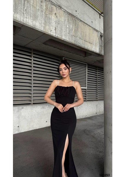Göğüs Büzgülü Taş Askılı Scuba Krep Kumaş Elbise Siyah 583253 fiyatları