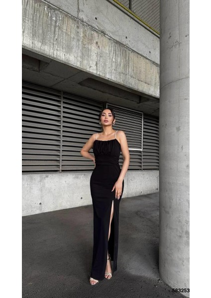 Göğüs Büzgülü Taş Askılı Scuba Krep Kumaş Elbise Siyah 583253 modelleri