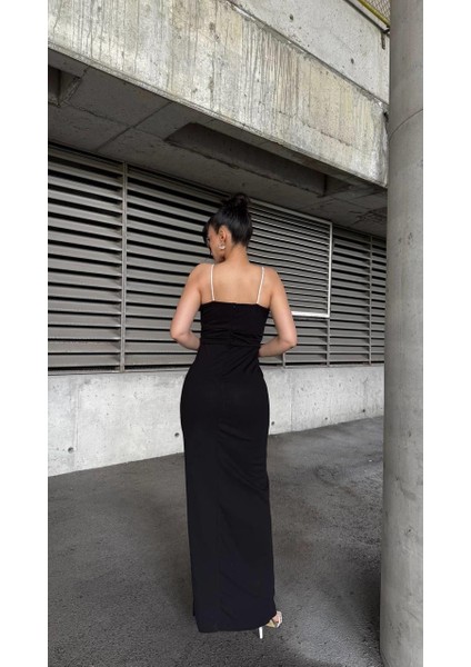 Göğüs Büzgülü Taş Askılı Scuba Krep Kumaş Elbise Siyah 583253 fırsatları