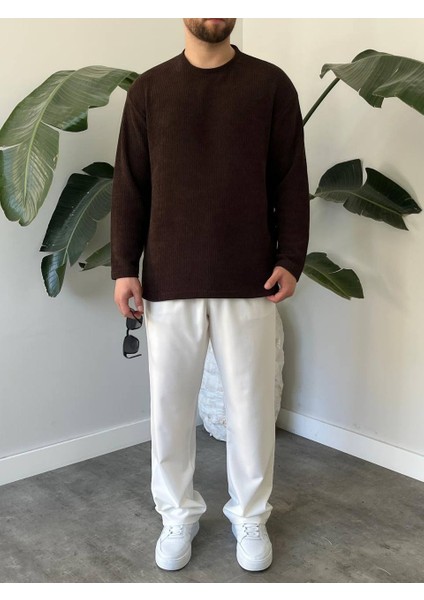 Bayaygun 5114 Oversize Bisiklet Yaka Şonil Triko Kazak_kahve