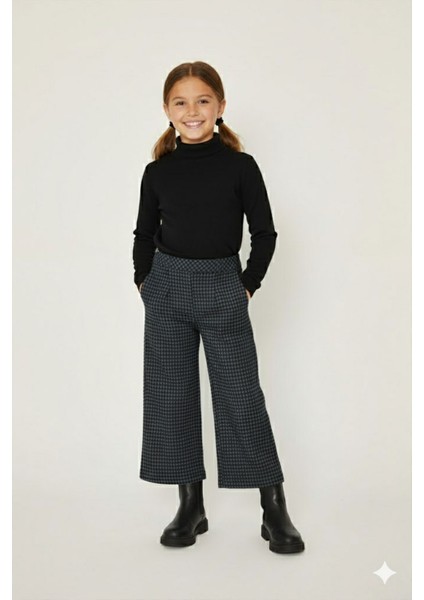 Kız Çocuk Kışlık Kareli Beli Lastikli Cepli Pileli Palazzo Pantolon - 1019K