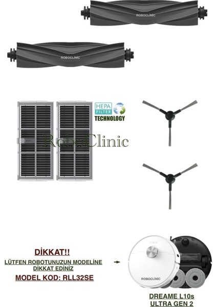 Dreame L10S Ultra Gen 2 Yedek Ana Fırça, Yan Fırça, Hepa Filtre - 6 Parça
