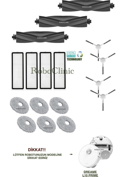 Dreame L10 Prime Yedek Ana Fırça, Yan Fırça, Hepa Filtre, Mop - 17 Parça