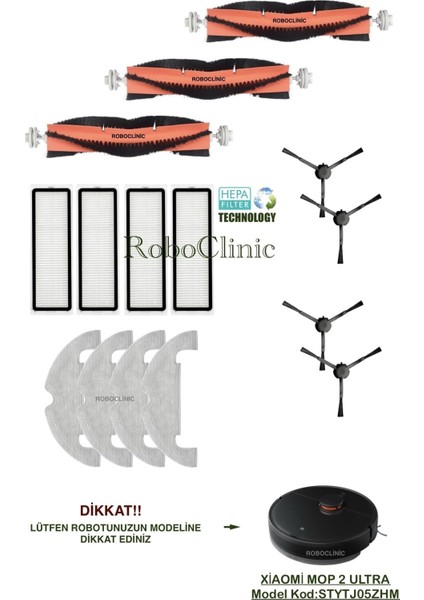 Xiaomi Mi Vacuum Mop 2 Ultra Yedek Ana Fırça, Yan Fırça, Hepa Filtre, Mop - 15 Parça