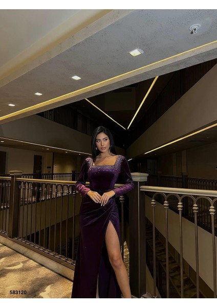 Kare Yaka Taşlı Uzun Kollu Kadife Abiye Elbise Mor 583120 fiyatları