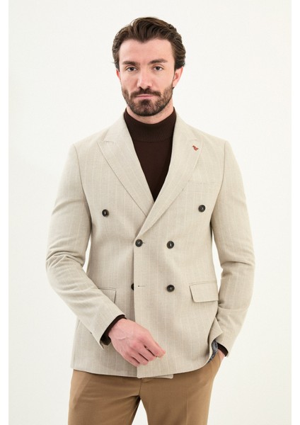 Çizgili Slim Fit Geniş Yaka Kruvaze Yün Erkek Ceket