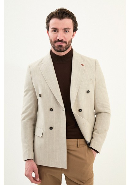 Çizgili Slim Fit Geniş Yaka Kruvaze Yün Erkek Ceket fırsatları
