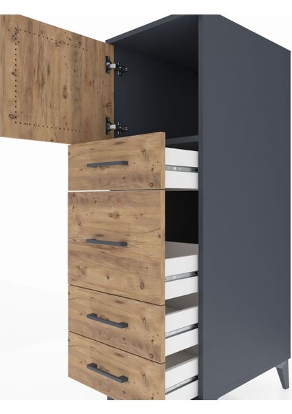 Kronos Dolap Tek Raflı 4 Çekmeceli Tek Kapaklı 44X59X134 Antrasit-Çam indirimleri
