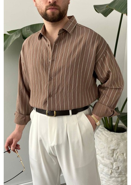 Bayaygün 5080 Ipk Modal Rahat Kalıp Çizgili Gömlek _açık Kahve
