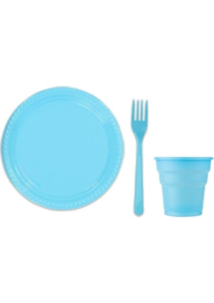25 Kişilik Mavi Plastik Bardak Çatal Tabak Set