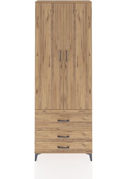 Arges Dolap Tek Raflı 3 Çekmeceli Tek Askılı 88X30X243 Çam-Çam