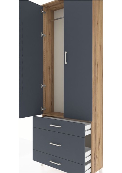 Arges Dolap Tek Raflı 3 Çekmeceli Tek Askılı 88X30X243 Çam-Antrasit indirimleri