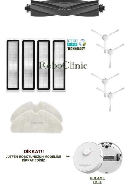 Dreame Bot D10S Beyaz Yedek Ana Fırça, Yan Fırça, Hepa Filtre, Mop - 11 Parça