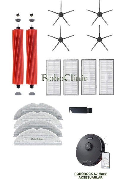 Roborock S7 Maxv Yedek Ana Fırça, Yan Fırça, Hepa Filtre, Mop - 15 Parça