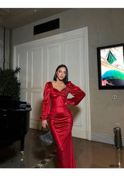 Tek Göğüs Taşlı Simli Kadife Abiye Elbise Kırmızı 583116 fiyatları