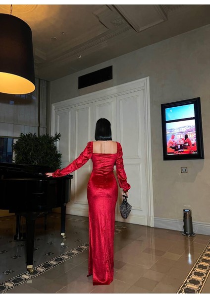 Tek Göğüs Taşlı Simli Kadife Abiye Elbise Kırmızı 583116 fırsatları