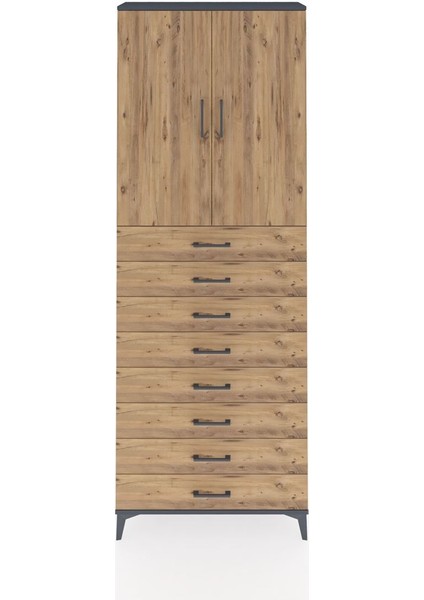 Arges Dolap 3 Raflı 8 Çekmeceli 2 Kapaklı 88X30X243 Antrasit-Çam