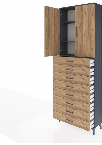 Arges Dolap 3 Raflı 8 Çekmeceli 2 Kapaklı 88X30X243 Antrasit-Çam fırsatları