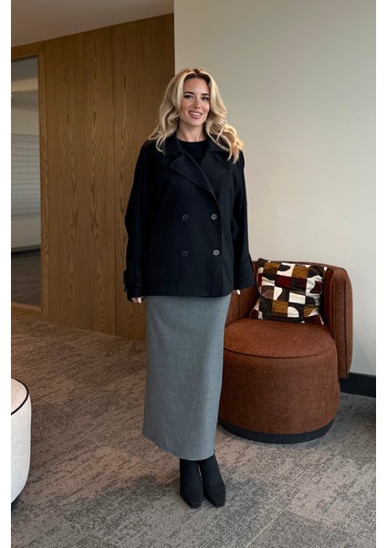 Siyah Kruvaze Kısa Trençkot - 7537 fiyatları