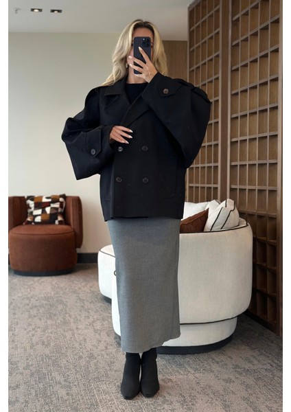 Siyah Kruvaze Kısa Trençkot - 7537 modelleri