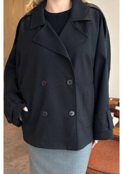 Siyah Kruvaze Kısa Trençkot - 7537 fırsatları