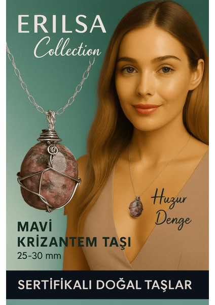 Sertifikalı Gümüş Tel Sargılı Doğal Mavi Krizantem Taşı Kolye – 20-25 mm Huzur ve Farkındalık Taşı