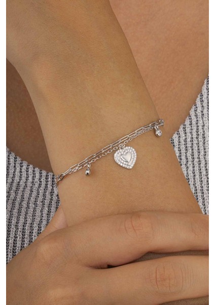 Kalp Figürlü Çift Zincirli Kadın Gümüş Charm Bileklik