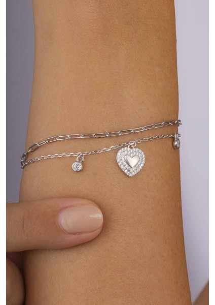 Kalp Figürlü Çift Zincirli Kadın Gümüş Charm Bileklik fiyatları