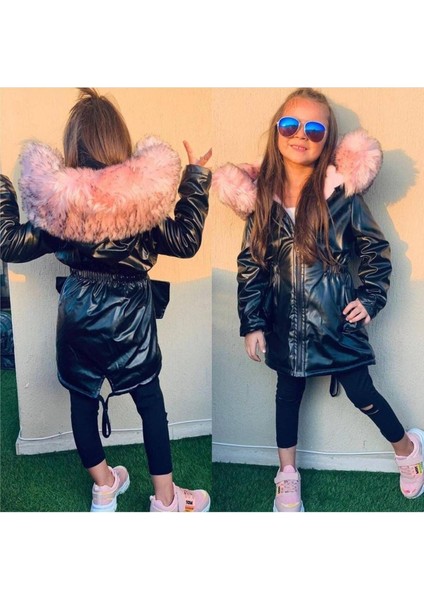 Hakiki Ithal Kürk Kapüşonlu - Içi Pelüşlü - Kışlık Kız Çocuk Dışı Deri Siyah Mont Kaban