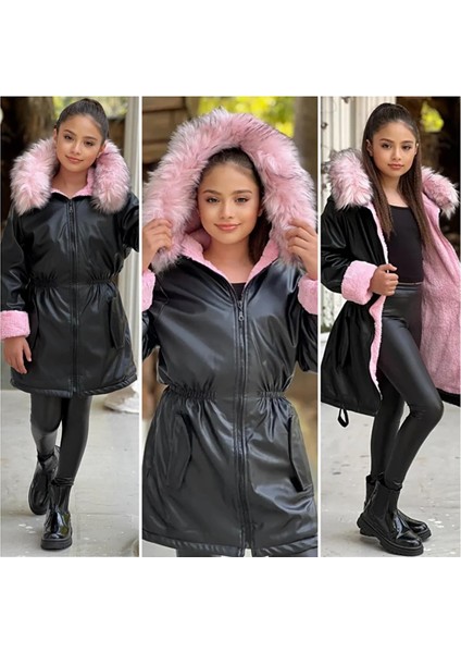 Hakiki Ithal Kürk Kapüşonlu - Içi Pelüşlü - Kışlık Kız Çocuk Dışı Deri Siyah Mont Kaban fiyatları