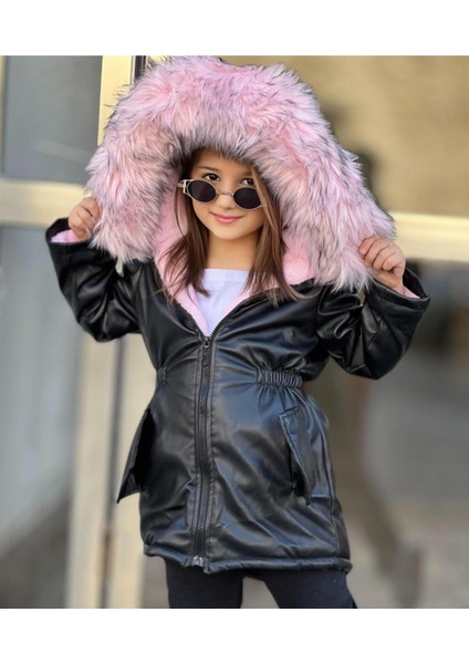 Hakiki Ithal Kürk Kapüşonlu - Içi Pelüşlü - Kışlık Kız Çocuk Dışı Deri Siyah Mont Kaban indirimleri