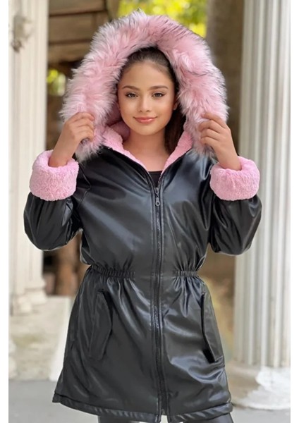 Hakiki Ithal Kürk Kapüşonlu - Içi Pelüşlü - Kışlık Kız Çocuk Dışı Deri Siyah Mont Kaban