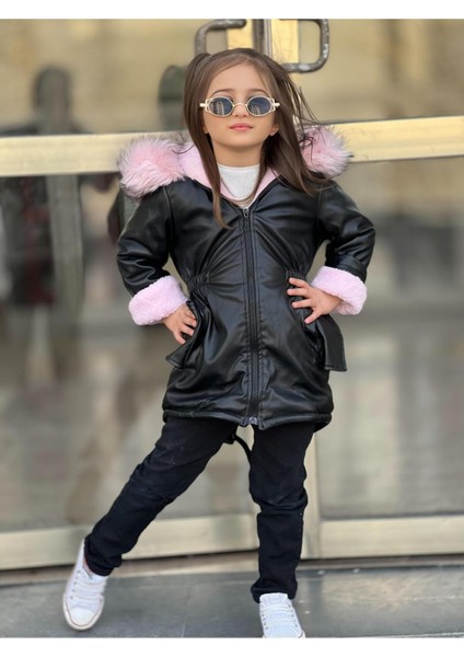 Hakiki Ithal Kürk Kapüşonlu - Içi Pelüşlü - Kışlık Kız Çocuk Dışı Deri Siyah Mont Kaban