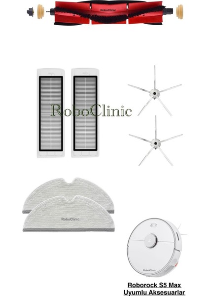 Roborock S5 Max Beyaz Yedek Ana Fırça, Yan Fırça, Hepa Filtre, Mop - 7 Parça