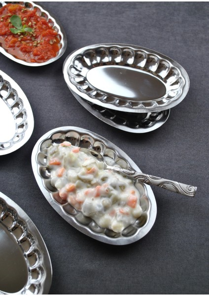 2'li Çelik Dilimli Küçük Kayık Tabak Dilimli Kayık Tabağı Mini Meze Kahvaltı Sunum Kase 18X11 cm