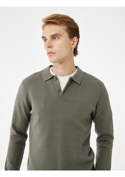 Uzun Kollu Düğmeli Polo Yaka Triko Kazak