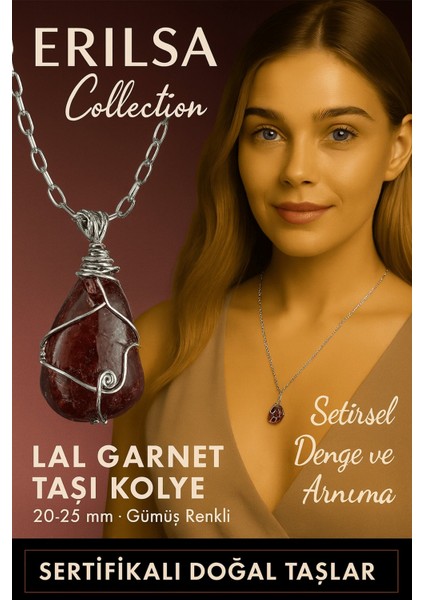 Sertifikalı Gümüş Tel Sargılı Doğal Lal Garnet (Granat) Taşı Kolye – 20-25 mm Tutku ve Enerji Taşı