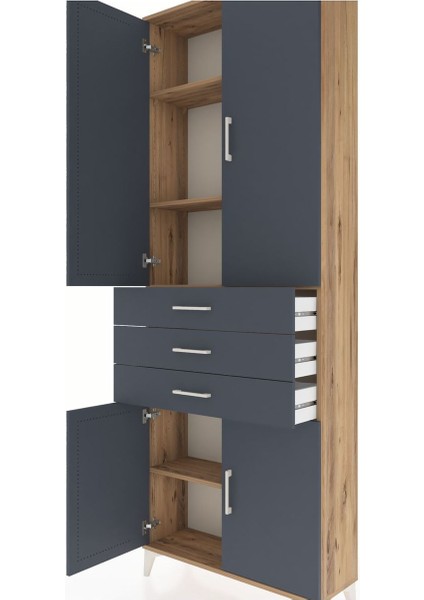 Arges Dolap 4 Raflı 3 Çekmeceli 4 Kapaklı 88X30X243 Çam-Antrasit indirimleri