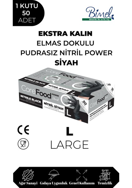 Nitril Siyah Power Muayene Eldiveni L - 1 Paket 50'li
