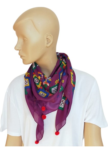 Kırmızı Ponponlu Çengelköy Otantik Yazma Fular Eşarp