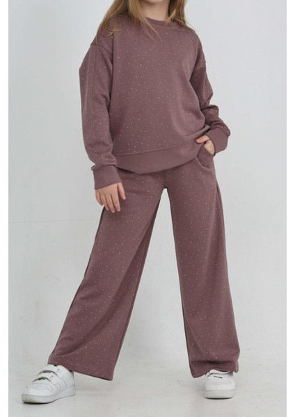 Kız Çocuk Geniş Paçalı Taş Süslemeli Double Face Kumaş Alt-Üst Takım 12305