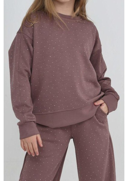 Kız Çocuk Geniş Paçalı Taş Süslemeli Double Face Kumaş Alt-Üst Takım 12305 fiyatları