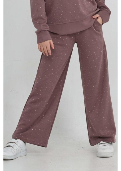 Kız Çocuk Geniş Paçalı Taş Süslemeli Double Face Kumaş Alt-Üst Takım 12305 modelleri