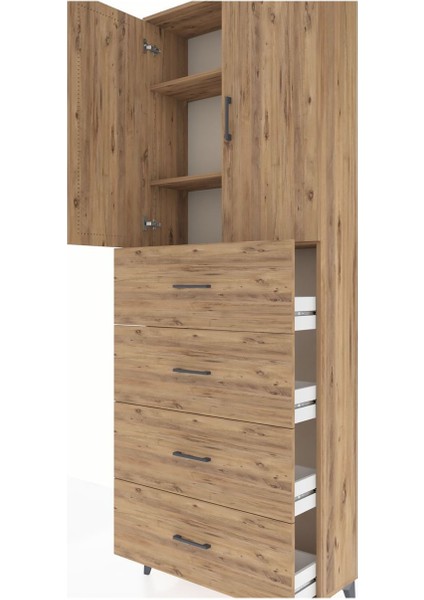 Arges Dolap 3 Raflı 4 Çekmeceli 2 Kapaklı 88X30X243 Çam-Çam indirimleri