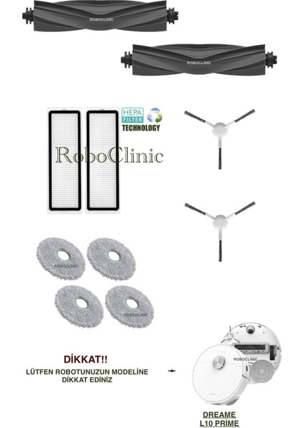 Dreame L10 Prime Yedek Ana Fırça, Yan Fırça, Hepa Filtre, Mop - 10 Parça