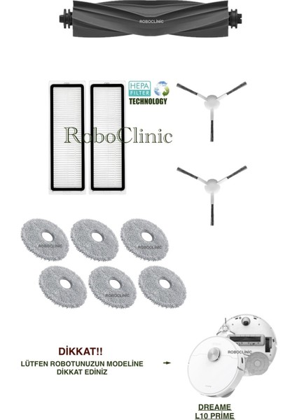 Dreame L10 Prime Yedek Ana Fırça, Yan Fırça, Hepa Filtre, Mop - 11 Parça