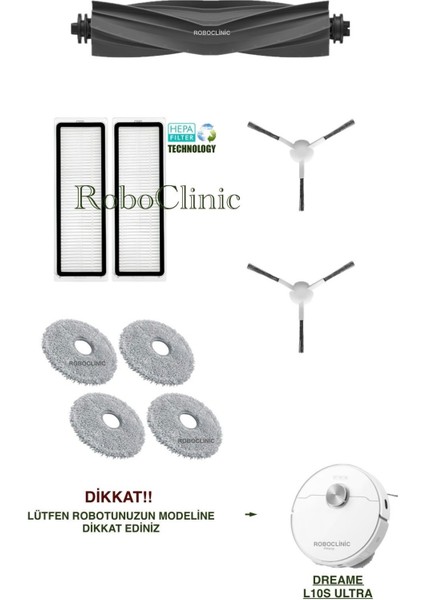 Dreame Bot L10S Ultra Yedek Ana Fırça, Yan Fırça, Hepa Filtre, Mop - 9 Parça
