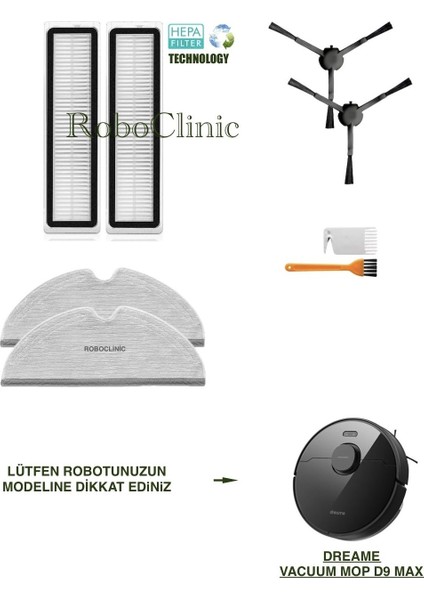 Dreame Vacuum Mop D9 Max Yedek Yan Fırça, Hepa Filtre, Mop - 8 Parça