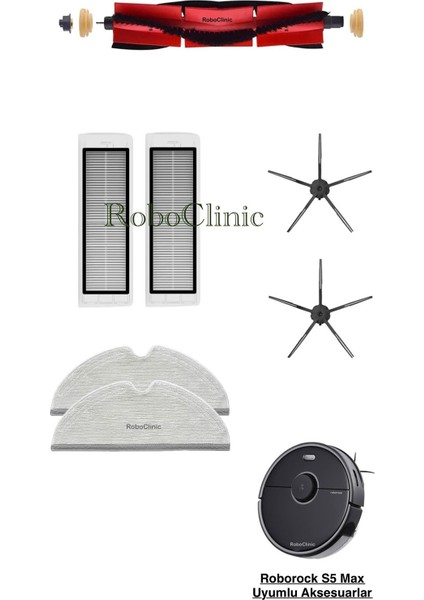 Roborock S5 Max Siyah Yedek Ana Fırça, Yan Fırça, Hepa Filtre, Mop - 7 Parça